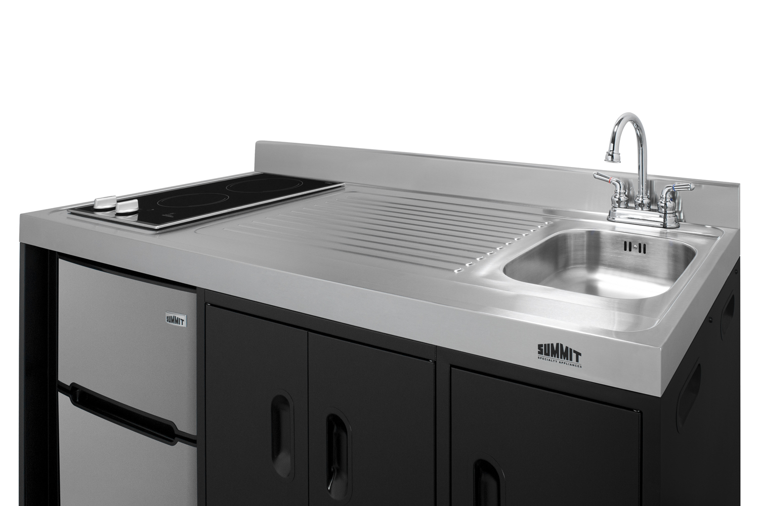 54 inch wide all-in-one kitchenette in black with a removable 2-burner 115V smooth top cooktop, 2-door refrigerator-freezer, sink, and two storage cabinets